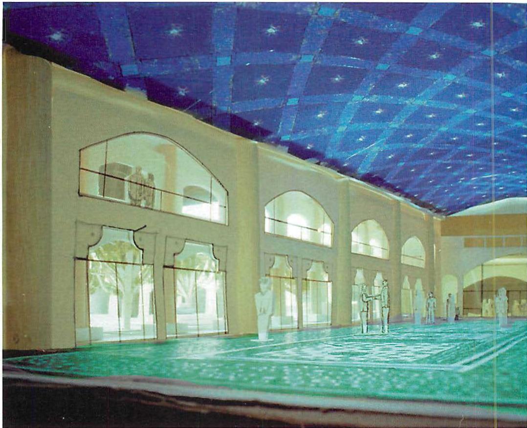 Interior of the main concourse for the Athens Megaron, looking towards the opera house and the atrium in front of it. The floor designed for this concourse, reflecting computer methods, speed, and efficiency of production, is shown on page 573.