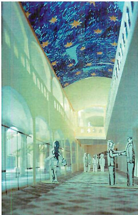 The floors and ceilings of the music library lobby in the new Athens Megaron.