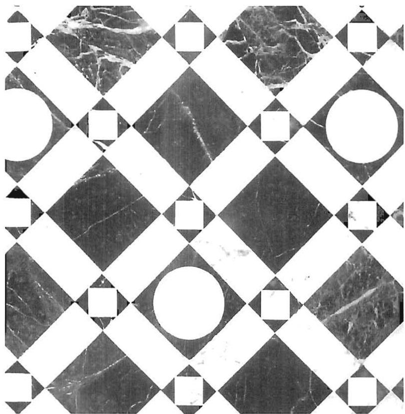 A small piece of a floor, in black, white and green marble, sketched and designed by the full-size mockup techniques described on pages 566–70. This sample is about 18 inches by 18 inches, contains 100 pieces, the smallest less than an inch across. It was laid out in CAD from our rough sketches, then cut and fabricated in about an hour. Christopher Alexander, Randy Schmidt, Demetrius Gonzalez, and Larry Berk. 2001.