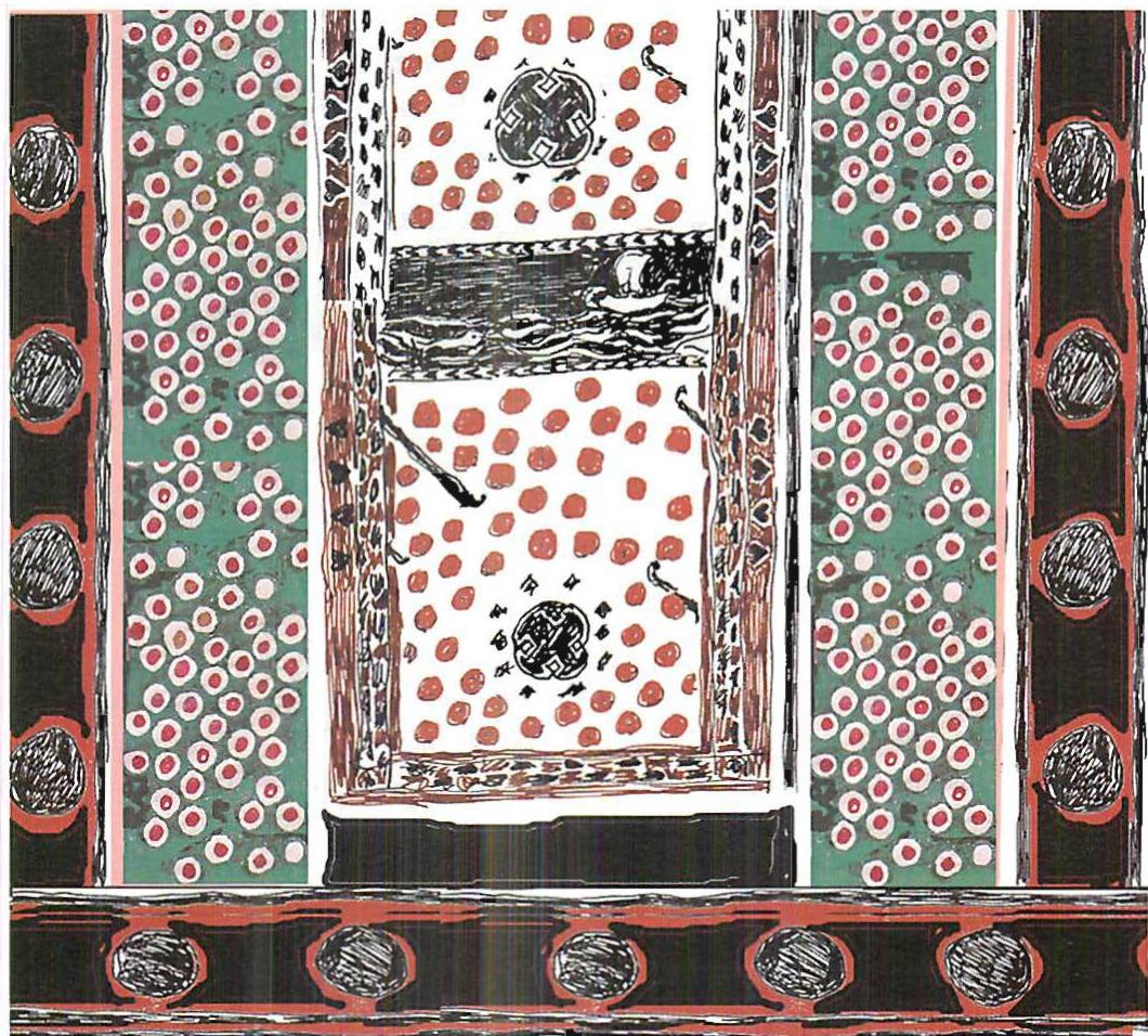 My sketch of a very large floor in the design of a green meadow, with red and white flowers, ships, and other elements all showing variation and individualized detail in every foot. Although this design is more free than the typical marble floors, I made it to produce a stunning effect in the main concourse of the Megaron, and show it here because it does exemplify the powers of the computer-driven marble cutting techniques discussed in the text. The floor is visible in the model photograph on page 564.