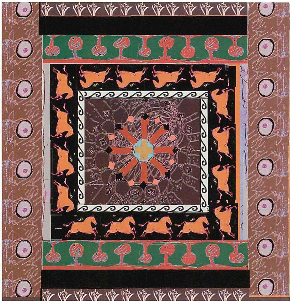 The floor with horses, showing variation and individuated detail in every foot. Working in Photoshop, I made this drawing in about an hour, using all the tricks the computer could help me with—apparently an amazing feat, but not difficult to do within a computer technique that lets you fly as fast as you can draw. What is more amazing, is the fact that this floor, about 20 feet square, and all its pieces, are completely and sufficiently specified by this rapidly-drawn drawing and its computer file. This freehand computer-assisted drawing and its computer file are all you need to drive cutting and production of the marble pieces and assembly mats, as they are described in the text.