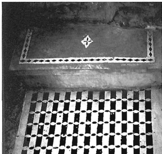 The lower step shows my first experiment with a marble-dust floor, made using a soldered brass jig (with Gernot Mittersteiner). The upper step, my second experiment with such a floor, was made with styrofoam shapes glued to concrete, with a marbledust-cement mix travelled between the forms. This became the basis of all our later floors.