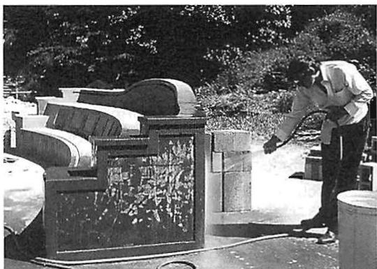 Left: The bench poured, ready to receive terrazzo ornament on the end panel. Christopher Alexander and Rodney Moore, 1984. Right: Application of styrofoam forms, to create ornament.