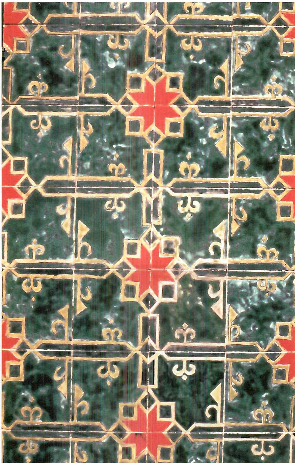Ornamental tile panel, with a green and red seljuk pattern, made in our workshops. Panel size 2 feet by 3 feet. In this panel all fifteen properties are intensely present, each many times over, and each at many levels of scale. Christopher Alexander and Kleoniki Tsotropontou. 1988.