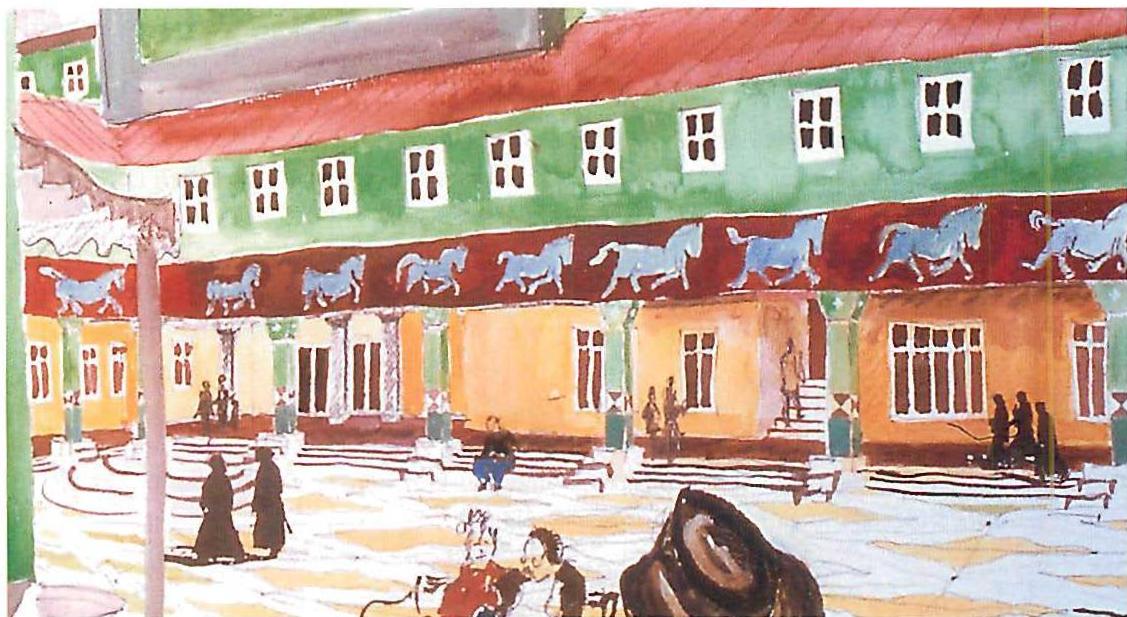 Invited competition design for the Mountain View Civic Center, with frieze of blue ceramic box-relief horses around the main courtyard. Painting by Christopher Alexander, gouache on paper, 1987.