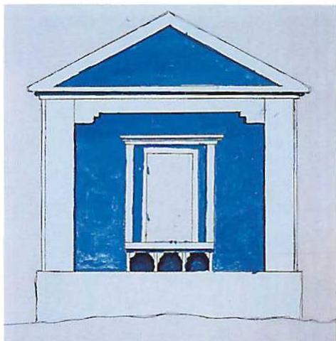 Two early painted studies for the Martinez house. On the basis of these sketches, it was clear to us that the left approach, not the right, was the more promising and we went forward on that basis. In the actual colors that we used on site, however, the colors changed considerably. The blue became less primary, more gray, more luminous and more subdued. And the white columns and beam were painted a pale, pale green, and an slightly different element. A photograph on page 458 shows this part of the building as it was painted when built.