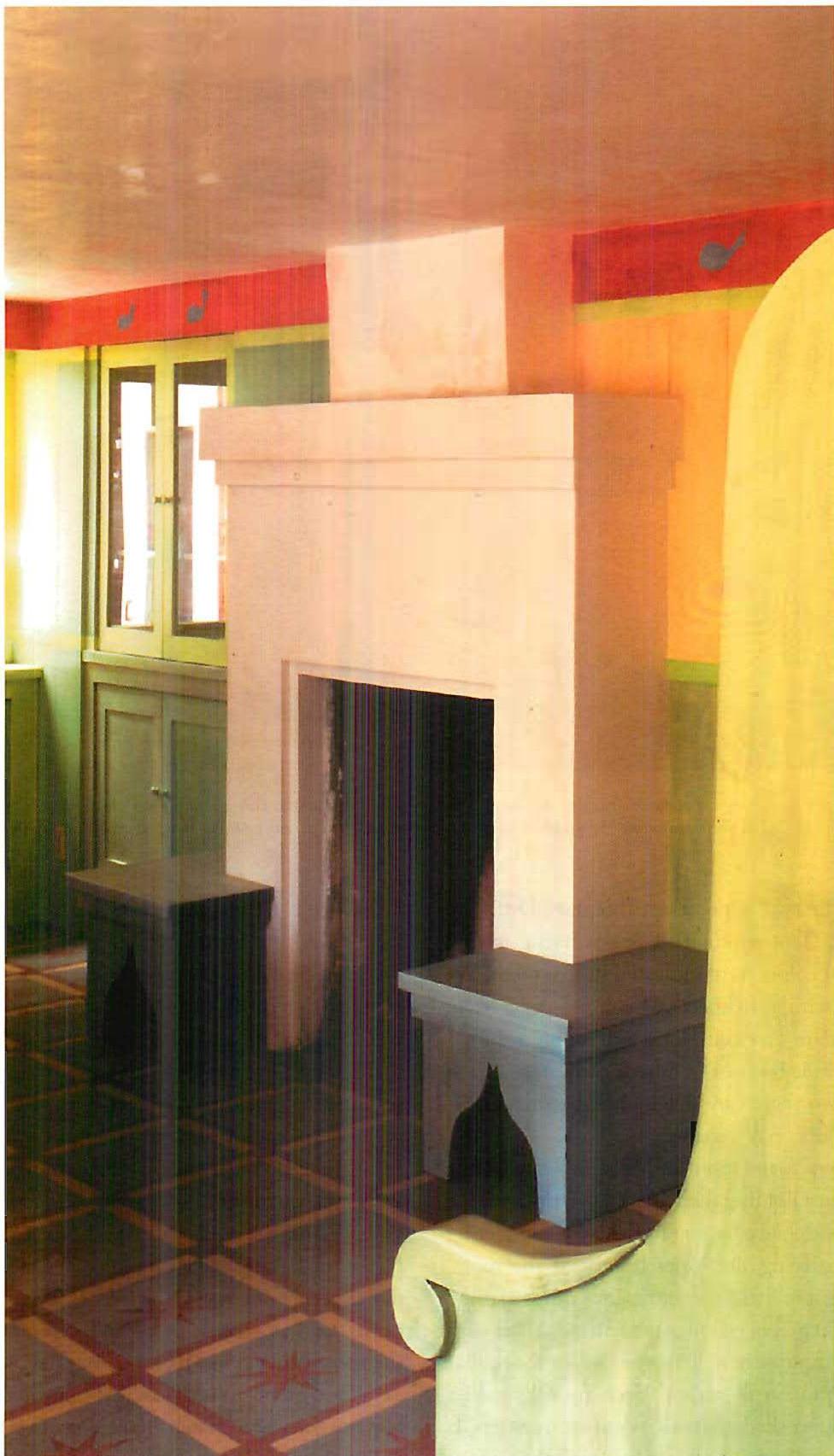 Fireplace in the finished, hand-painted kitchen. Christopher Alexander, Stephen Duff, Kleoniki Tsotropoulou, 1986.