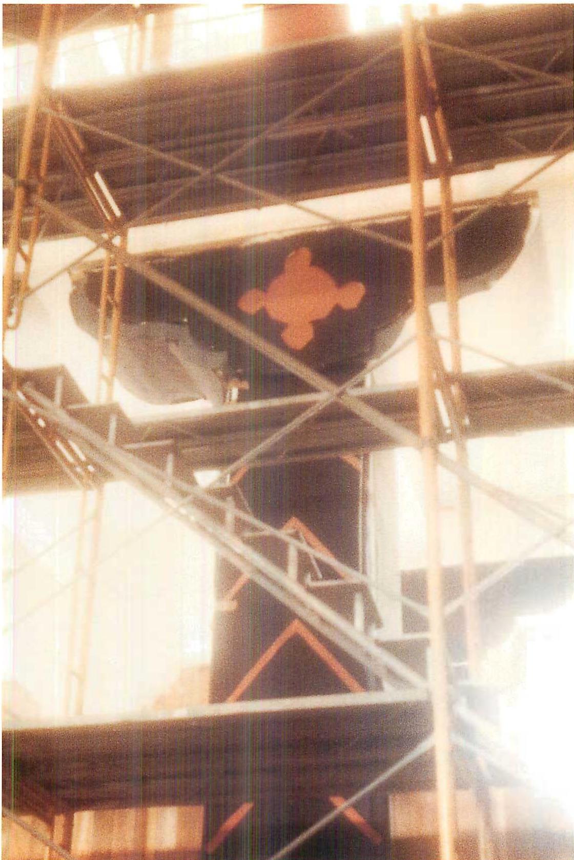 Painted mockup for the Eishin Great Hull columns, executed in gouache on butchers paper, draped inside the real building, three stories tall. Christopher Alexander and Miyoko Tsutsui, 1985.