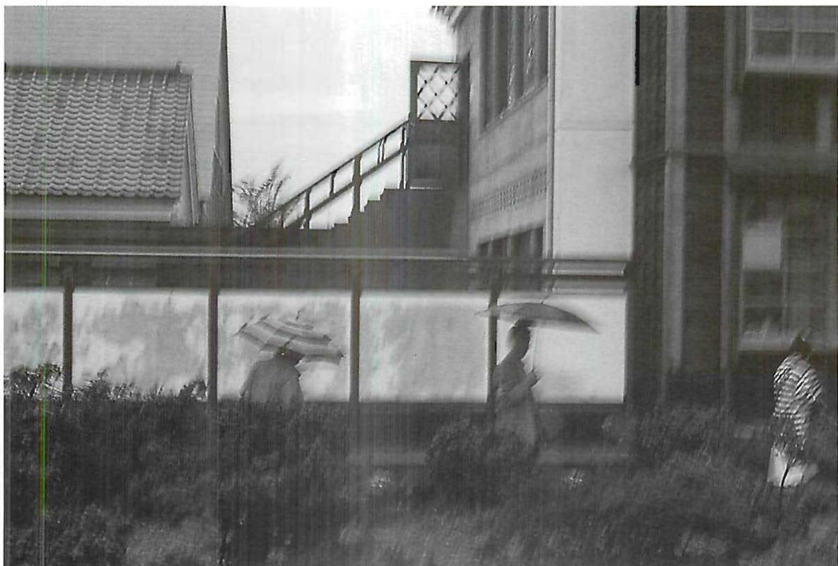 Chatrooms, walls, stairs, gate, roofs, and garden in the main street of the Eishin campus, 1985.