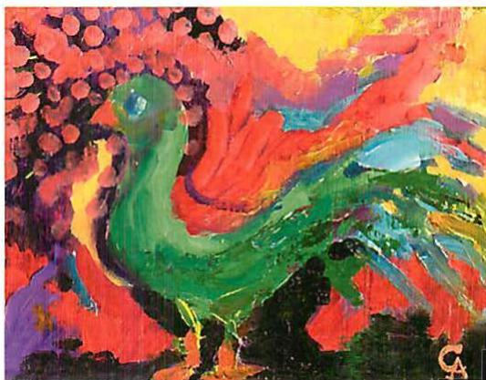 The Green Bird, oil painting on wooden panel, Christopher Alexander, 1991.
