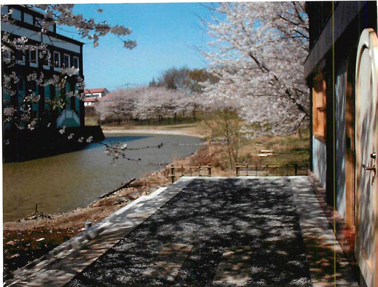 From the plinth of the new clubhouse, Christopher Alexander with Randy Schmidt, Miyako Tsutsui, Masaya Okada, 1999.