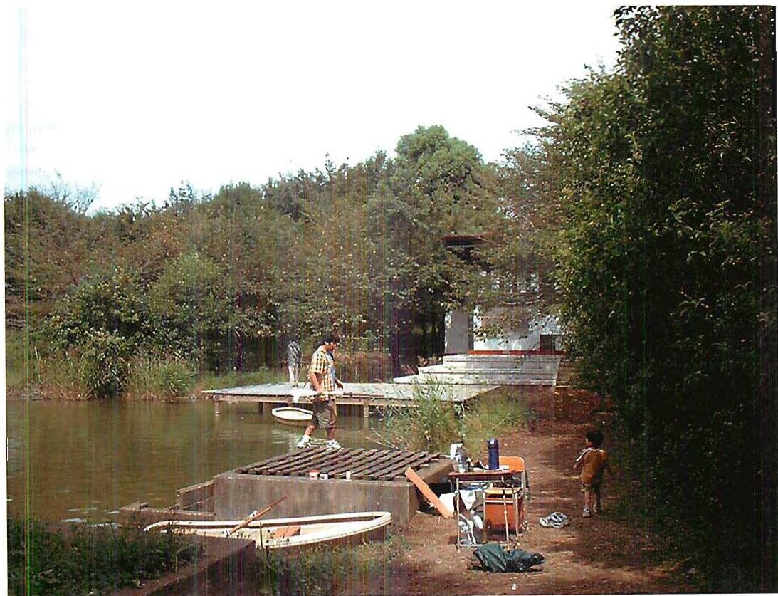 Normal . . . this is normal. A view of the Eishin clubhouse, barely visible in the trees, together with its boat dock, bikes, people enjoying themselves. This hardly looks like
