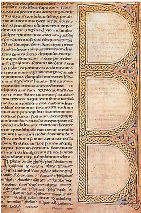 Christian mysticism: illuminated manuscript from the Durham Gospel fragment, 7th century A.D.