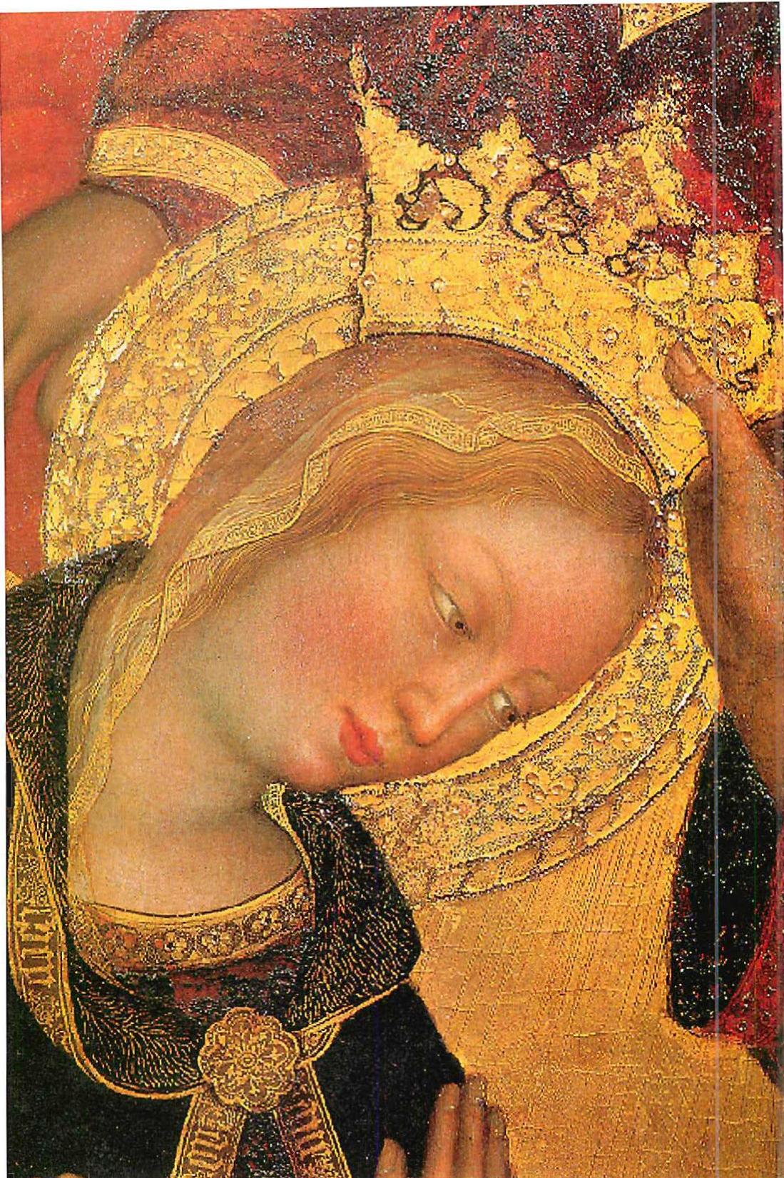 Madonna, detail from Gentile de Fabriano, The Coronation of the Virgin, c. 1450. In the attitude, the demeanor, the drawing of every scale and every thread of the cloth, our relatedness with I, with our own self, and with the self of the universe, is made manifest.