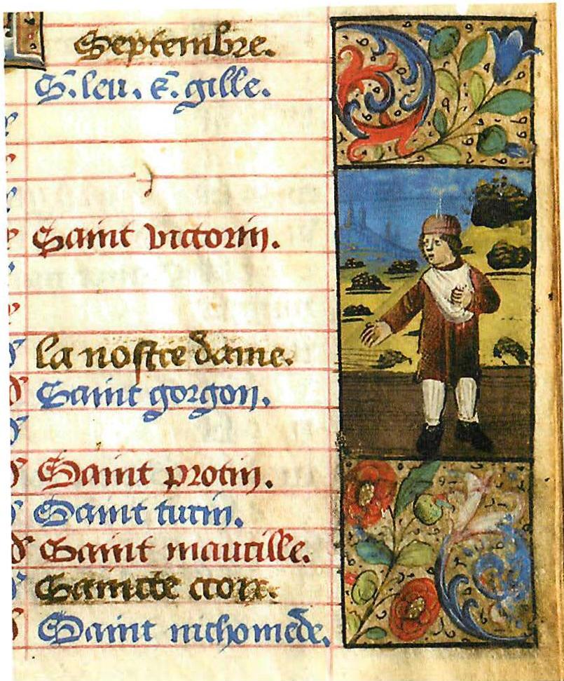 A small blue hill is visible in the distance of this miniature in a Book of Hours, Rouen, 15th century.