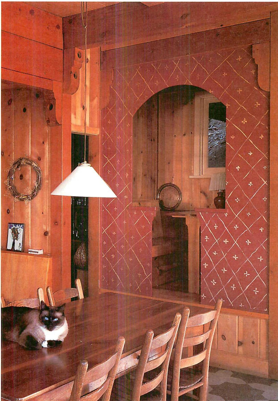 Did a tiny fraction of the I become visible here? Perhaps. The interior of the kitchen of the concrete Sala House, 1983. There are wooden columns, brackets, beams, and this hand-painted alcove.