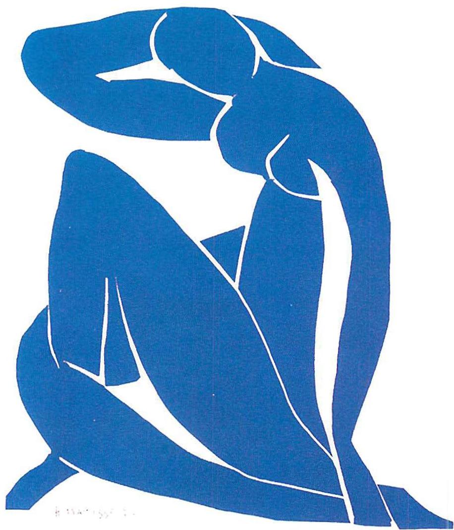 Here every cut of the scissors, every white piece of space, is lovingly shaped, each piece of the blue paper is a shape with which we have a relationship. This space in and around the woman's body, is fully loved, and fully made of beings. Paper cut-out, Henri Matisse, 1945.
