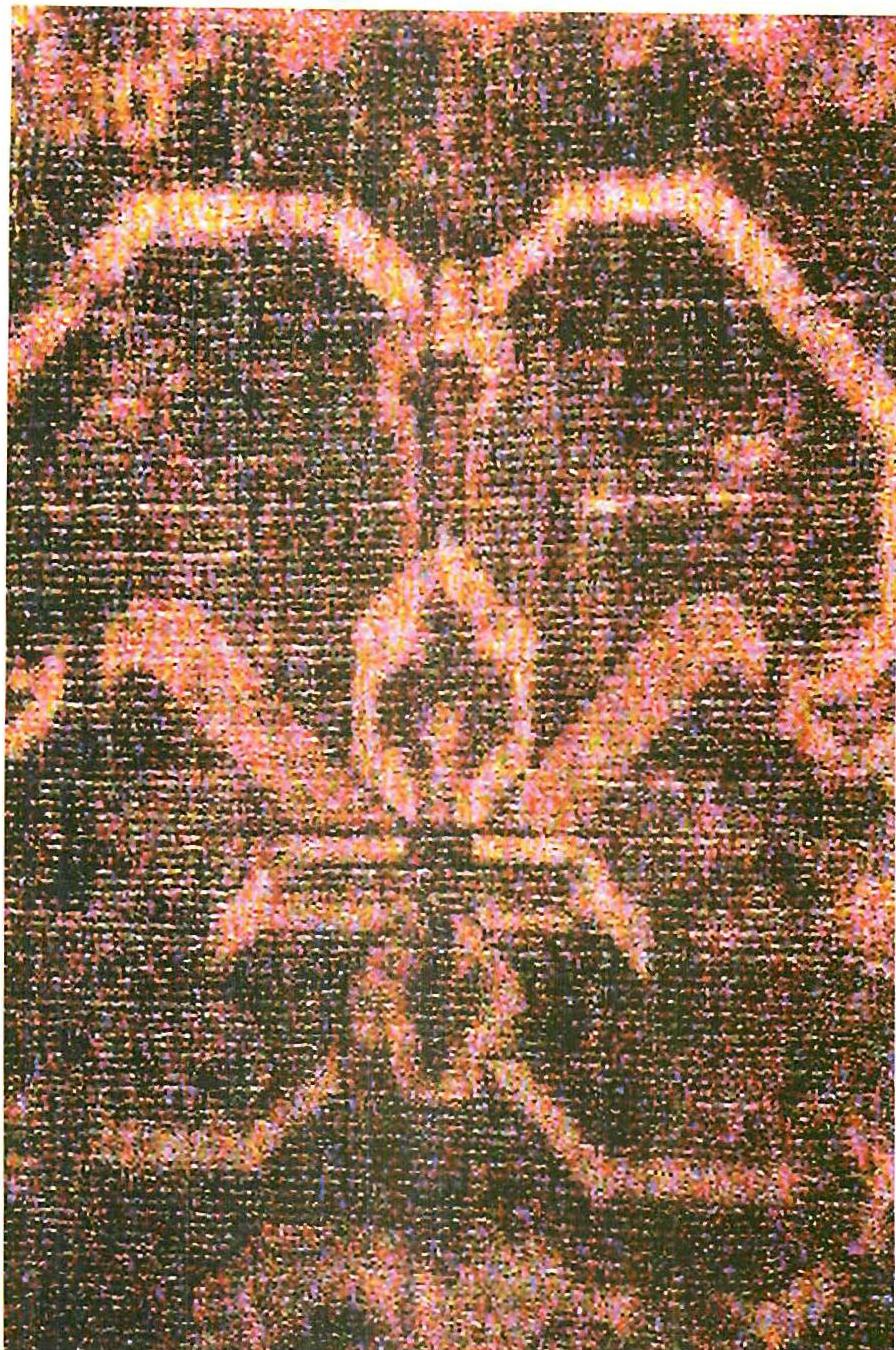 Pure and forceful, this very worn 13th-century blossom carpet fragment in my possession is shown with computer enhancement of the image.