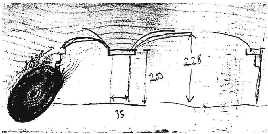 Early sketch of a cross-wall, made on a piece of scrap wood, after it first became possible to judge the presence, scale, and effect of the arches in these walls.