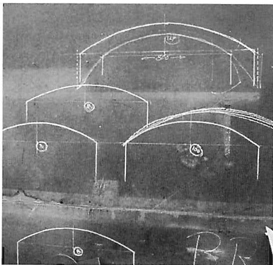 These sketches of the arch curves, made on the wall of our construction shock and very exactly drawn, gave us the ability to see the difference in being-character between curves of only slightly different radius and span. From them, we finally got the templates of the curve we used to build the forms. The top sketch gave us the best line for the bigger arches; the central, inner sketch gave us the line for the smaller openings.