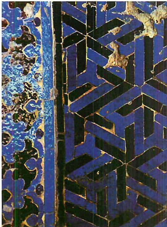 THIS HAS INNER LIGHT: This tilework does connect me to the I. This becomes clear if I compare it with the other, later tile panel shown to the right. Here, though the design seems foreign, barbaric, my contact with my self is made more profound by contact with it. This does have inner light. 13th-century Turkish tile, Sircali Medrese, Konya.