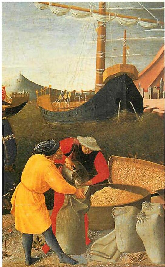 Contrast of dark and light makes the colors shine in this painting by Fra Angelico, Shipment of Grain