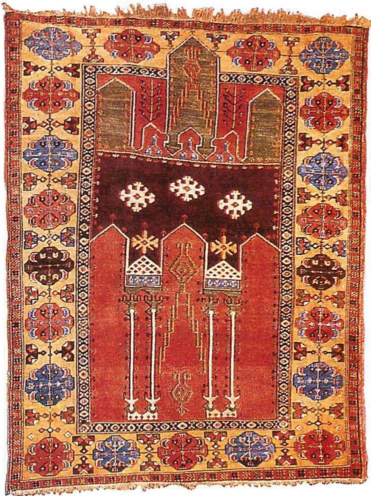 18th-century Ludik prayer rug: Dark-light contrast makes the colors glow.