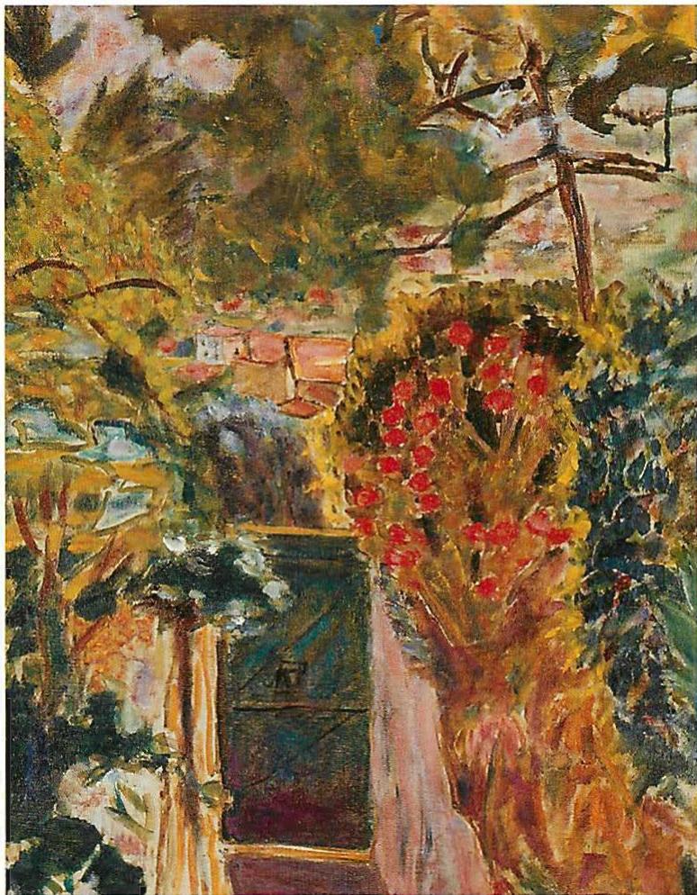 Subdued brilliance of a subtle darkening kind. Pierre Bonnard, Garden Gate of the Villa Bosquet, Le Connet, 1944. A profession of living centers, in the details and in the whole.