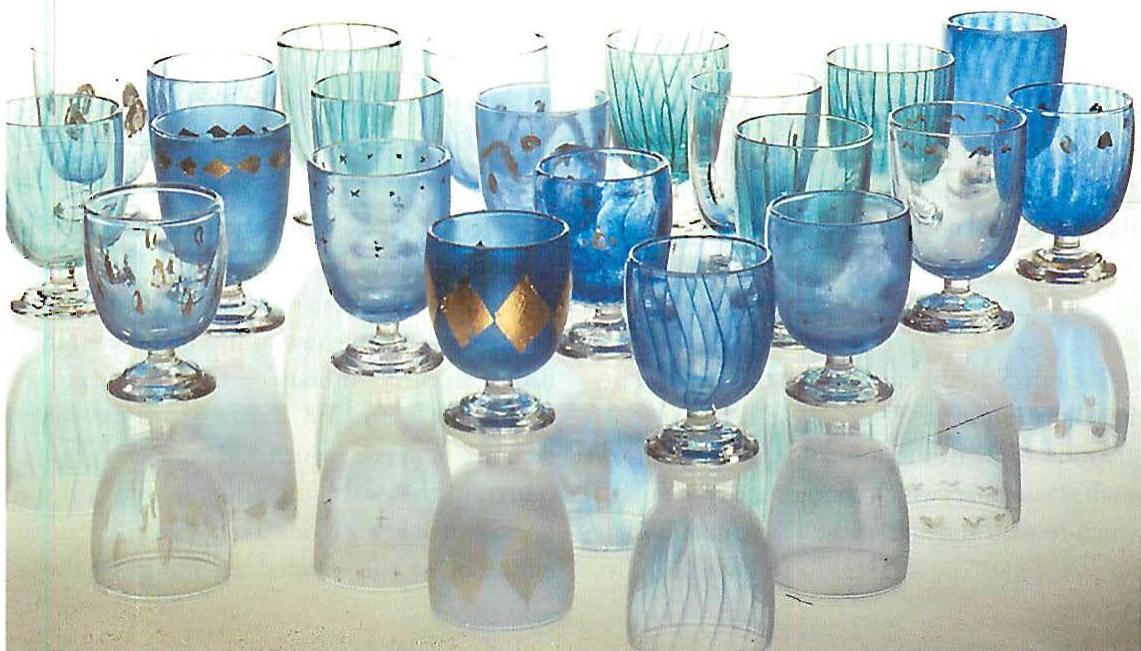 Handblown glasses designed, painted and ornamented by Christopher Alexander, blown by Henk Verweg, 1997