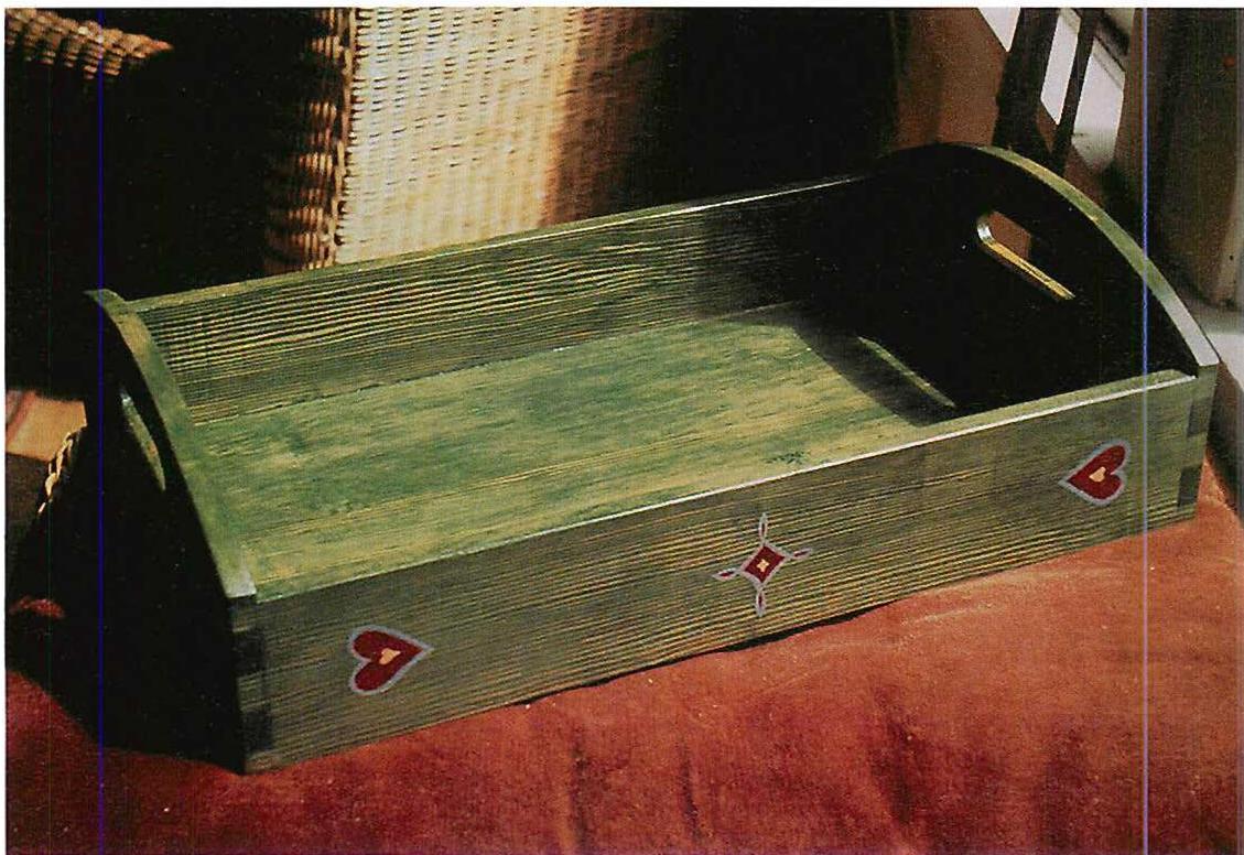 Pine tea tray with green French polish, and green oil pigment ad linseed oil, Christopher Alexander, 1972