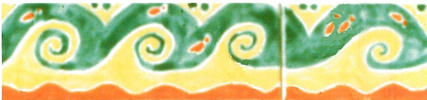 Green waves in a tile-panelled bench back, tiles by Christopher Alexander, 1984